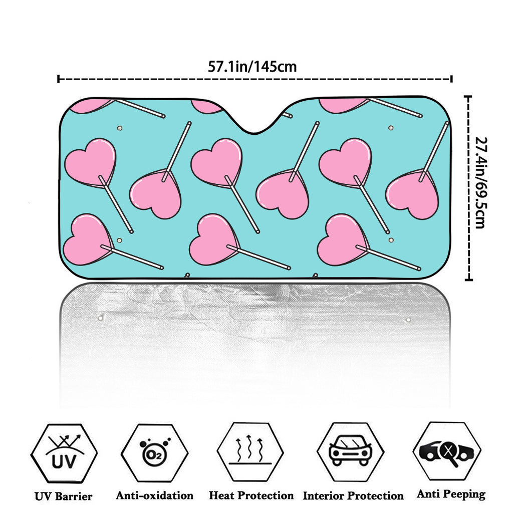 Pink Heart Lollipop Pattern Print Car Windshield Sun Shade