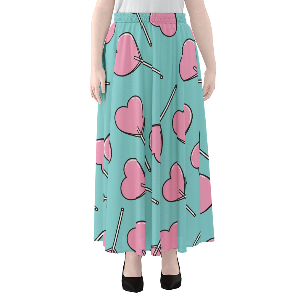 Pink Heart Lollipop Pattern Print Chiffon Maxi Skirt