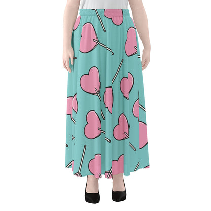 Pink Heart Lollipop Pattern Print Chiffon Maxi Skirt