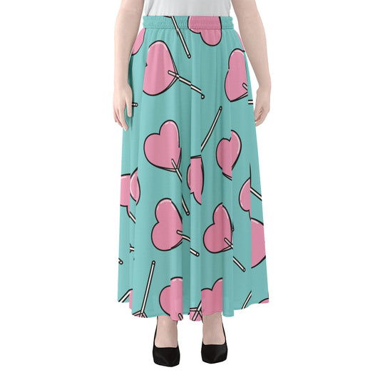 Pink Heart Lollipop Pattern Print Chiffon Maxi Skirt