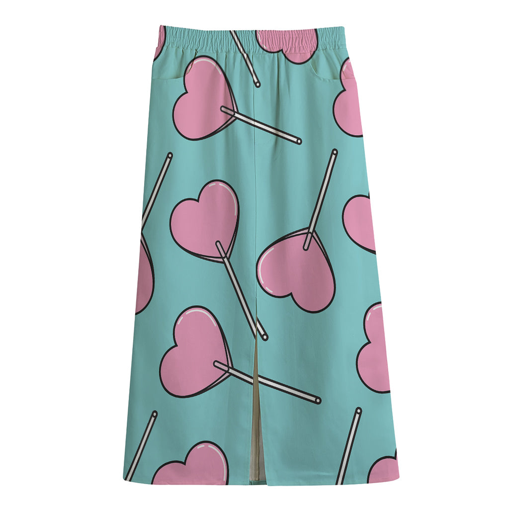 Pink Heart Lollipop Pattern Print Cotton Front Slit Maxi Skirt