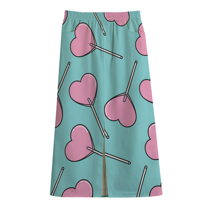 Pink Heart Lollipop Pattern Print Cotton Front Slit Maxi Skirt