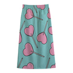 Pink Heart Lollipop Pattern Print Cotton Front Slit Maxi Skirt