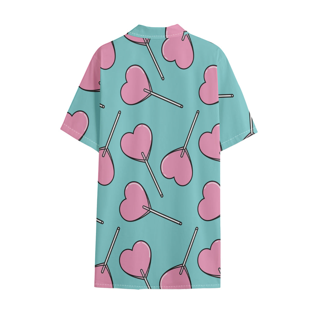 Pink Heart Lollipop Pattern Print Cotton Hawaiian Shirt
