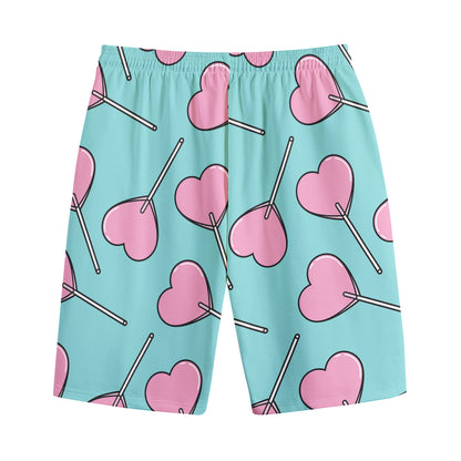 Pink Heart Lollipop Pattern Print Cotton Shorts