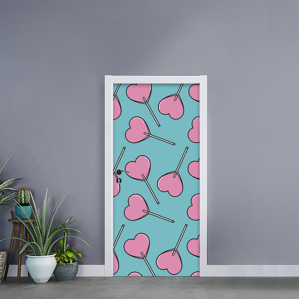 Pink Heart Lollipop Pattern Print Door Sticker