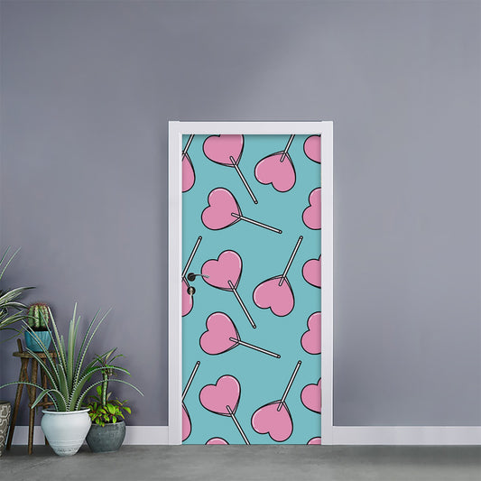 Pink Heart Lollipop Pattern Print Door Sticker