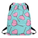 Pink Heart Lollipop Pattern Print Drawstring Backpack
