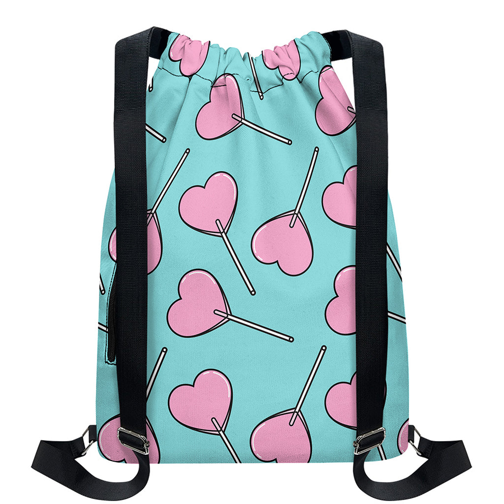 Pink Heart Lollipop Pattern Print Drawstring Backpack