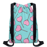 Pink Heart Lollipop Pattern Print Drawstring Backpack