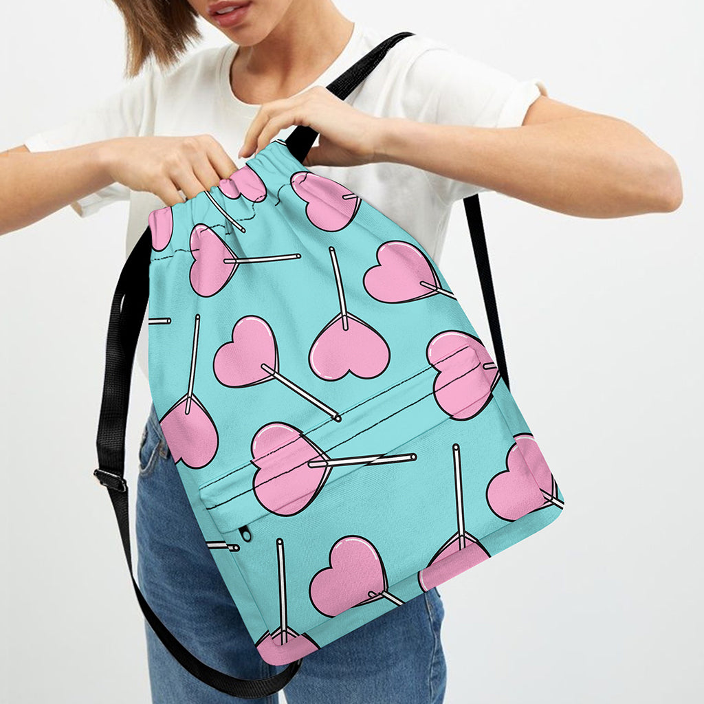 Pink Heart Lollipop Pattern Print Drawstring Backpack