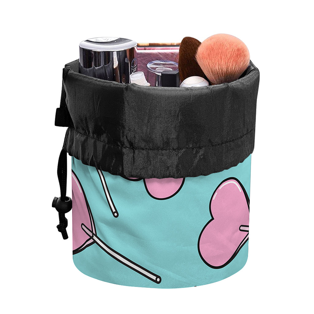 Pink Heart Lollipop Pattern Print Drawstring Makeup Bag