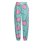 Pink Heart Lollipop Pattern Print Fleece Lined Knit Pants