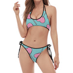 Pink Heart Lollipop Pattern Print Halter Scoop Tie Side Bikini