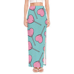 Pink Heart Lollipop Pattern Print High Slit Maxi Skirt