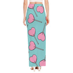 Pink Heart Lollipop Pattern Print High Slit Maxi Skirt