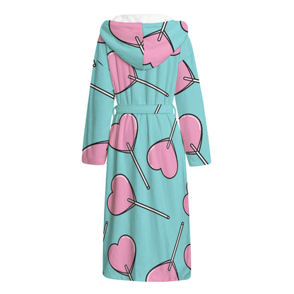Pink Heart Lollipop Pattern Print Hooded Bathrobe