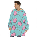 Pink Heart Lollipop Pattern Print Hoodie Blanket