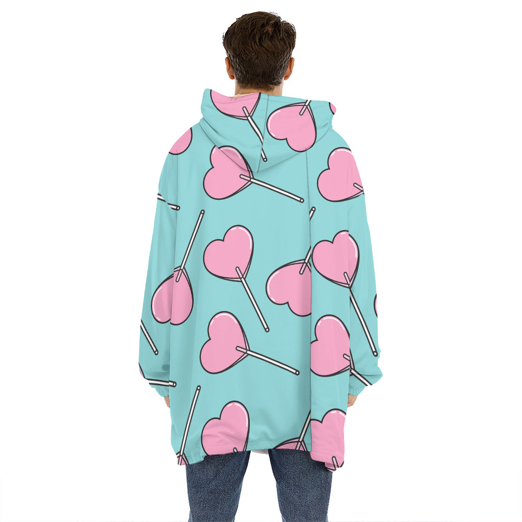 Pink Heart Lollipop Pattern Print Hoodie Blanket