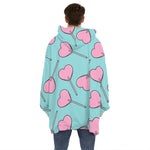 Pink Heart Lollipop Pattern Print Hoodie Blanket