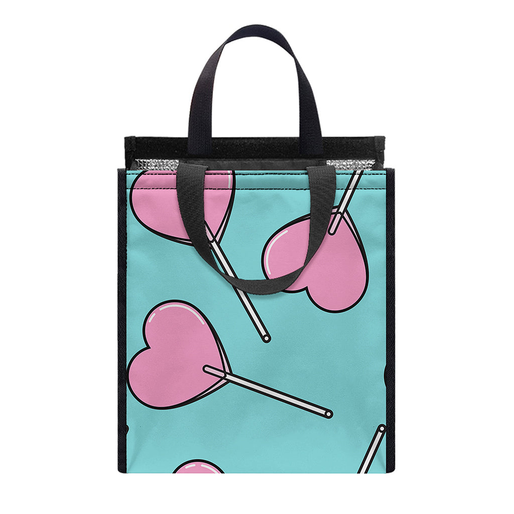 Pink Heart Lollipop Pattern Print Insulated Lunch Tote