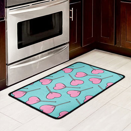 Pink Heart Lollipop Pattern Print Kitchen Mat