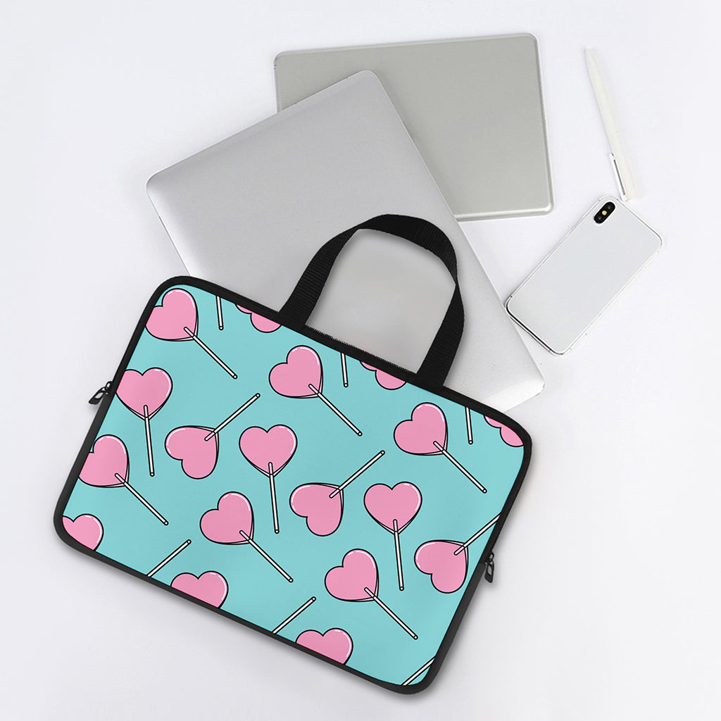 Pink Heart Lollipop Pattern Print Laptop Sleeve With Handle