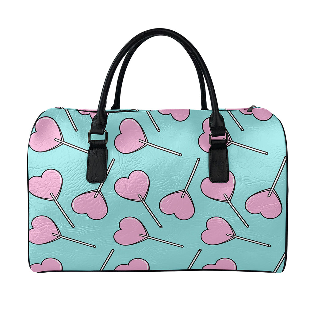Pink Heart Lollipop Pattern Print Leather Duffle Bag