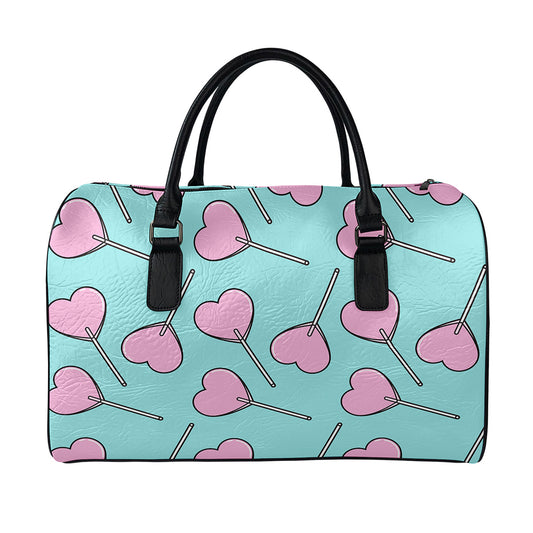 Pink Heart Lollipop Pattern Print Leather Duffle Bag