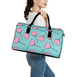 Pink Heart Lollipop Pattern Print Leather Duffle Bag