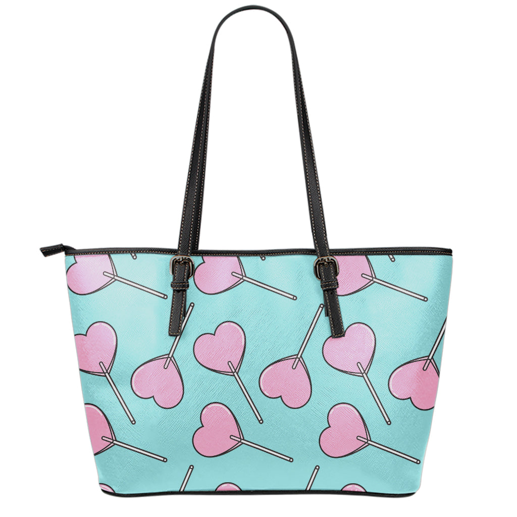 Pink Heart Lollipop Pattern Print Leather Tote Bag