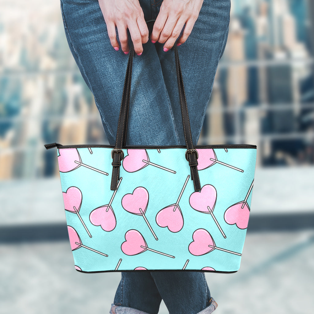 Pink Heart Lollipop Pattern Print Leather Tote Bag