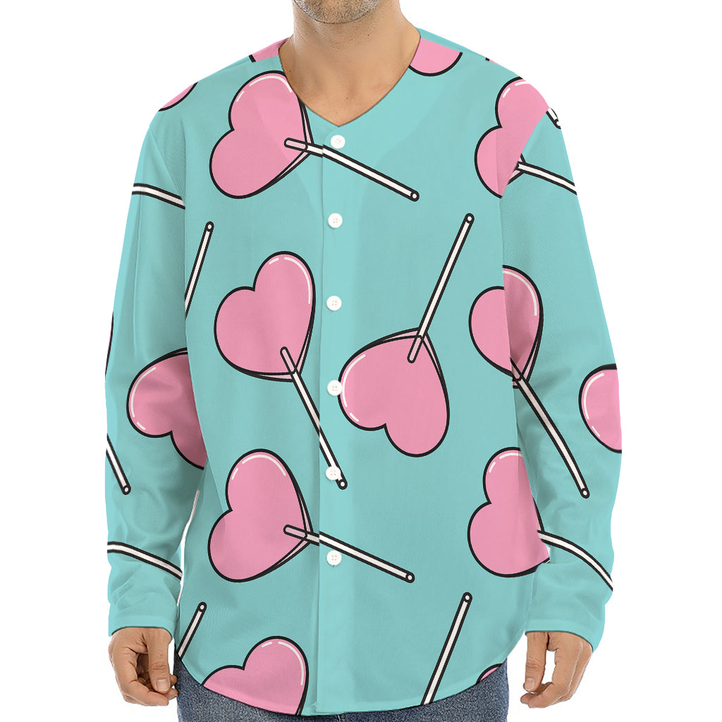 Pink Heart Lollipop Pattern Print Long Sleeve Baseball Jersey