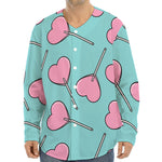 Pink Heart Lollipop Pattern Print Long Sleeve Baseball Jersey