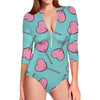 Pink Heart Lollipop Pattern Print Long Sleeve Swimsuit