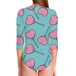 Pink Heart Lollipop Pattern Print Long Sleeve Swimsuit