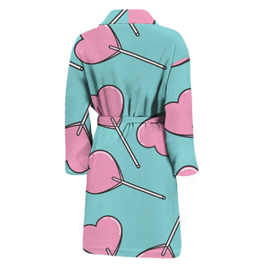 Pink Heart Lollipop Pattern Print Men's Bathrobe