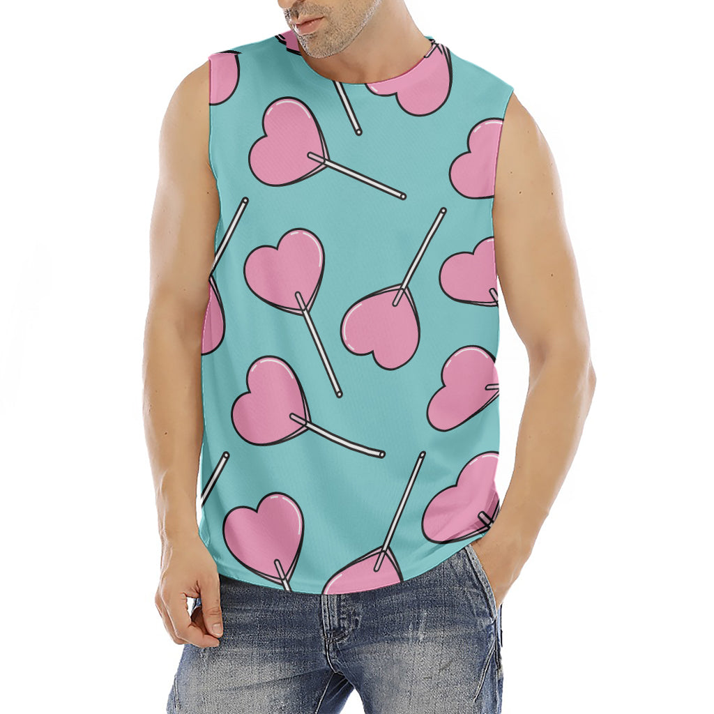 Pink Heart Lollipop Pattern Print Men's Fitness Tank Top