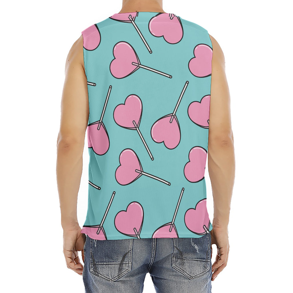 Pink Heart Lollipop Pattern Print Men's Fitness Tank Top
