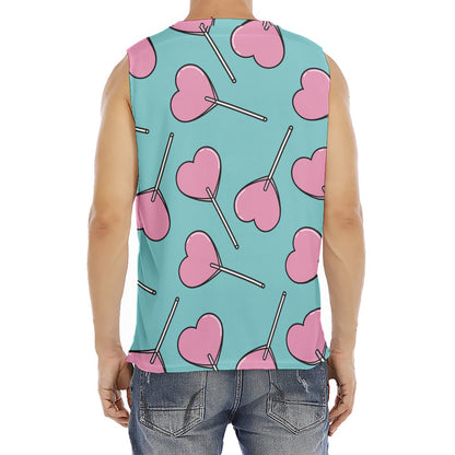 Pink Heart Lollipop Pattern Print Men's Fitness Tank Top