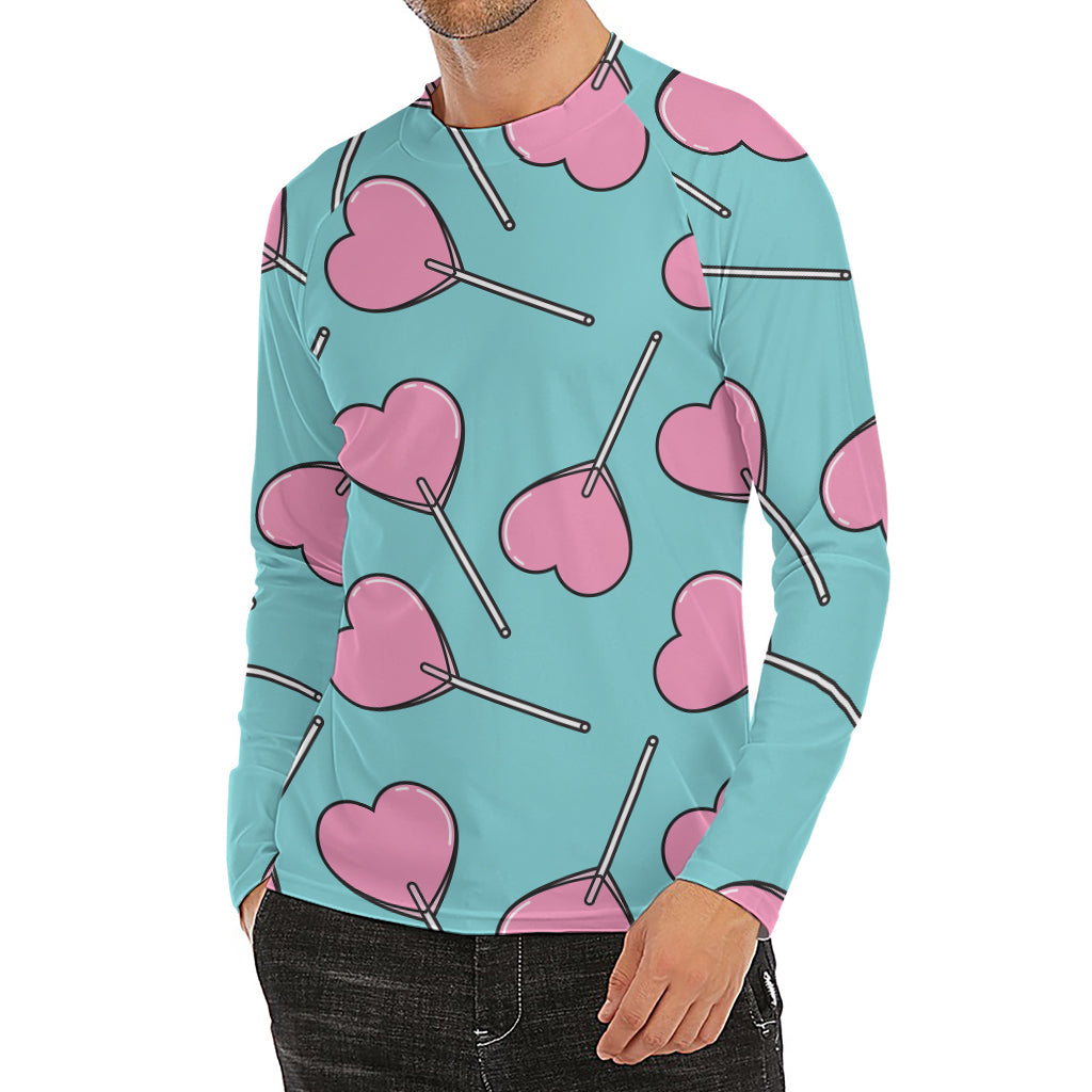 Pink Heart Lollipop Pattern Print Men's Long Sleeve Rash Guard