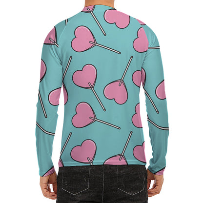 Pink Heart Lollipop Pattern Print Men's Long Sleeve Rash Guard