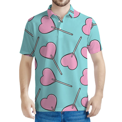 Pink Heart Lollipop Pattern Print Men's Polo Shirt