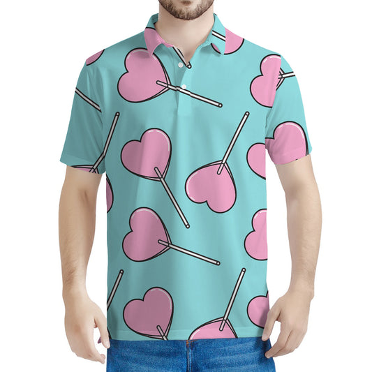 Pink Heart Lollipop Pattern Print Men's Polo Shirt