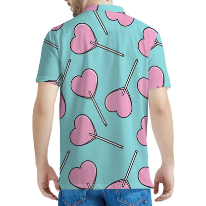 Pink Heart Lollipop Pattern Print Men's Polo Shirt