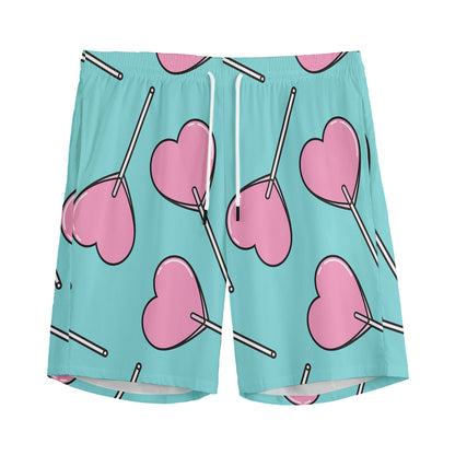 Pink Heart Lollipop Pattern Print Men's Sports Shorts