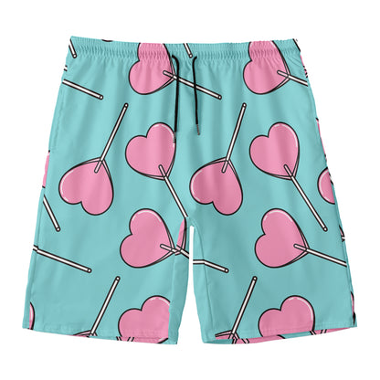 Pink Heart Lollipop Pattern Print Men's Swim Trunks