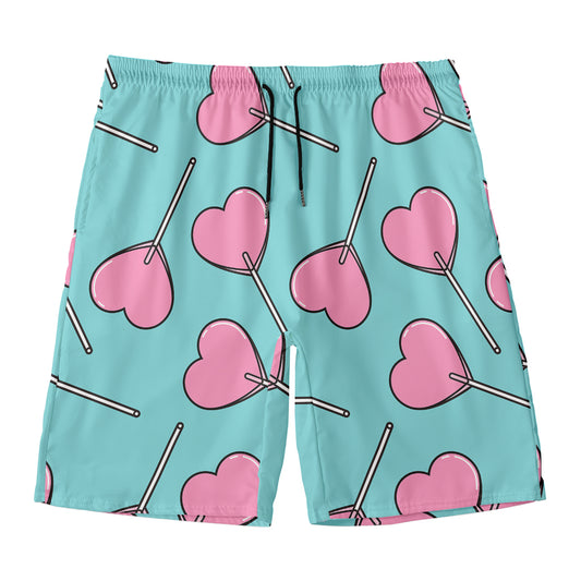 Pink Heart Lollipop Pattern Print Men's Swim Trunks