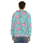 Pink Heart Lollipop Pattern Print Men's Velvet Pullover Hoodie