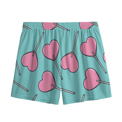 Pink Heart Lollipop Pattern Print Mesh Shorts